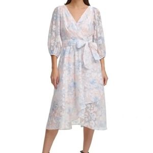 NWT DKNY pink & blue floral wrap poof sleeve midi tie dress size 8